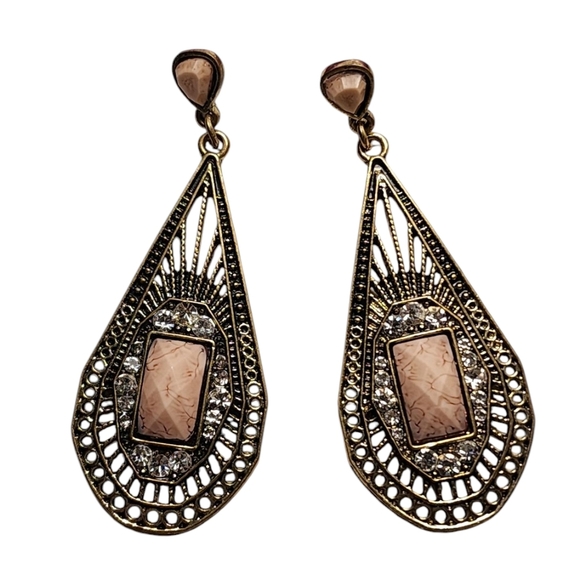 Boho Bronze And Pink Stone Teardrop Earrings - Picture 1 of 12